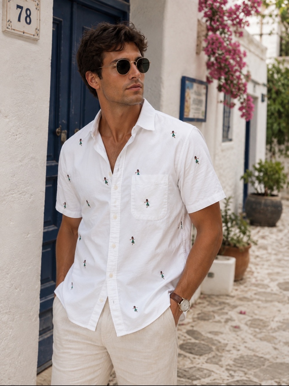 GAP Mens White Cotton Hawaiian Girl Embroidered Short Sleeve Shirt Small